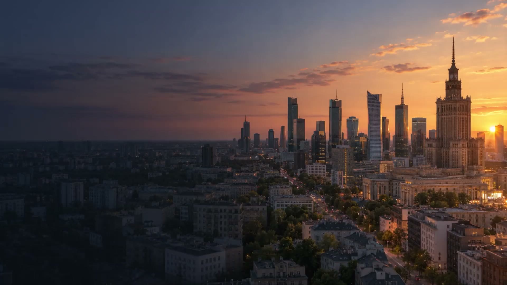 Warszawa z drona o zachodzie słońca, Pałac Kultury i wieżowce Woli (wizualizacja)