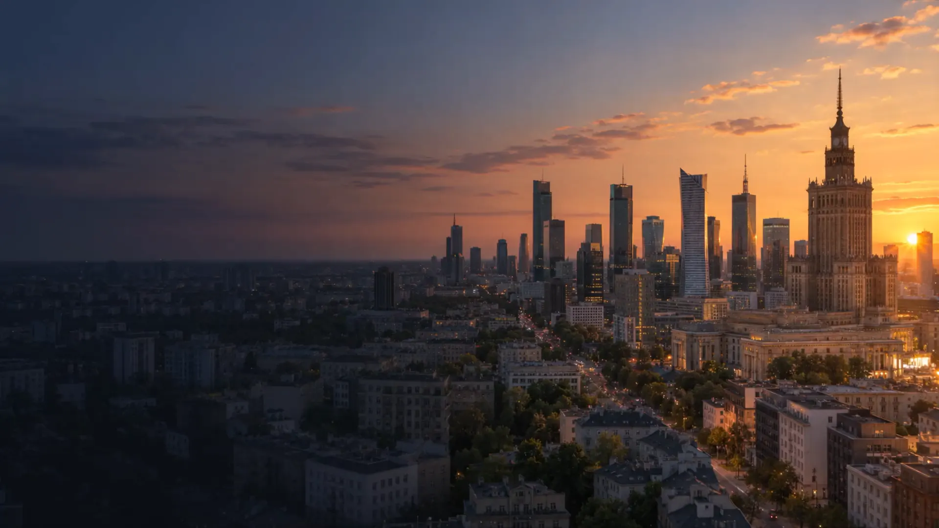 Warszawa z drona o zachodzie słońca, Pałac Kultury i wieżowce Woli (wizualizacja)