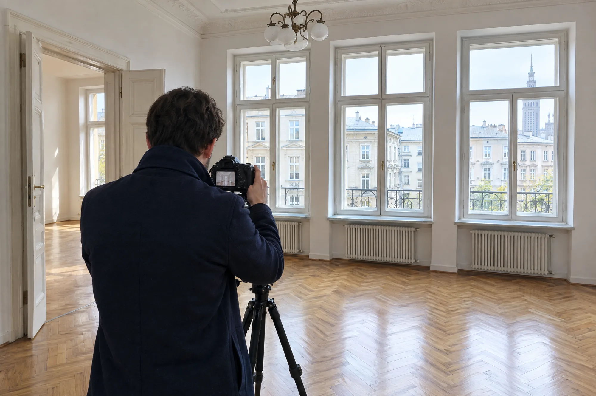 Pośrednik fotografuje puste mieszkanie w kamienicy przed wystawieniem na sprzedaż (wizualizacja)